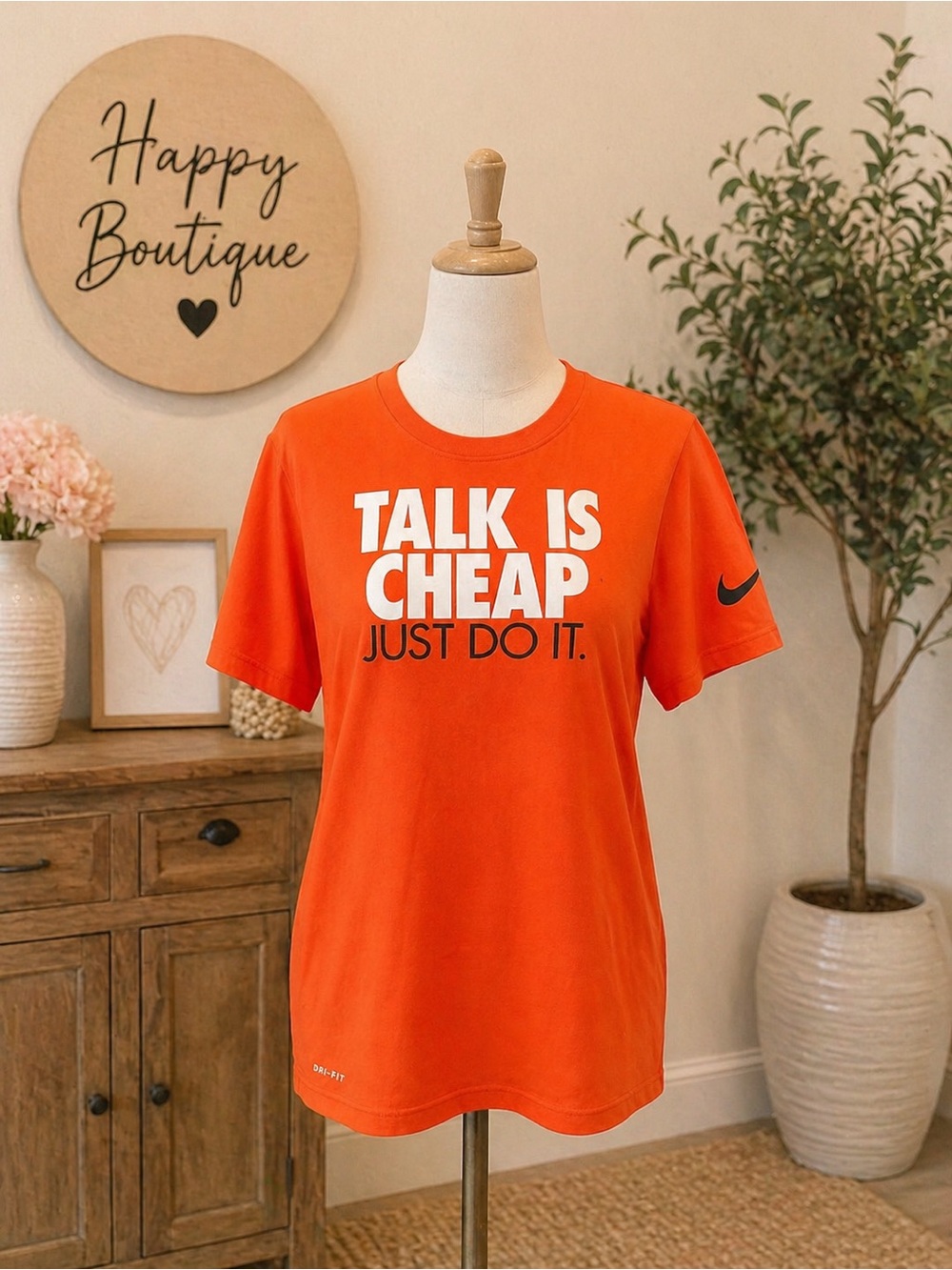 Nike Orange Graphic Tee with White & Black Slogan Dri-Fit Tee Unisex XL Kids